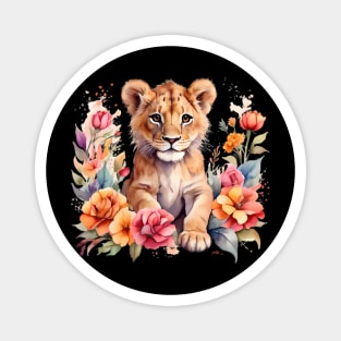 A lion cub decorated with beautiful watercolor flowers Magnet
